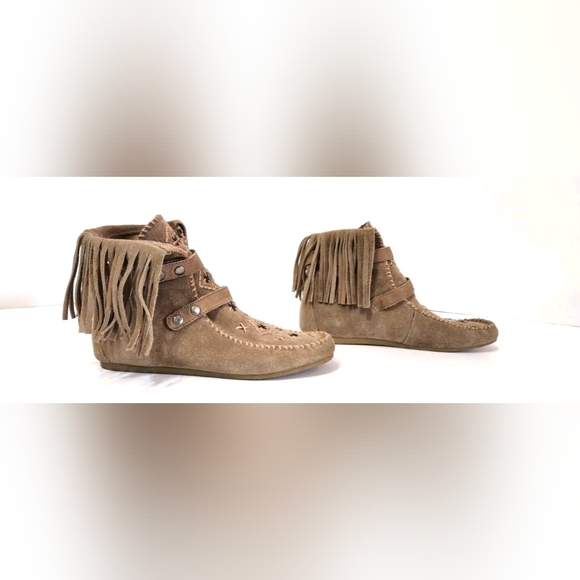 Sam Edelman Katherine Moccasin Boots Gray Fringe Leather Suede Booties Sz 7 M - Picture 4 of 6